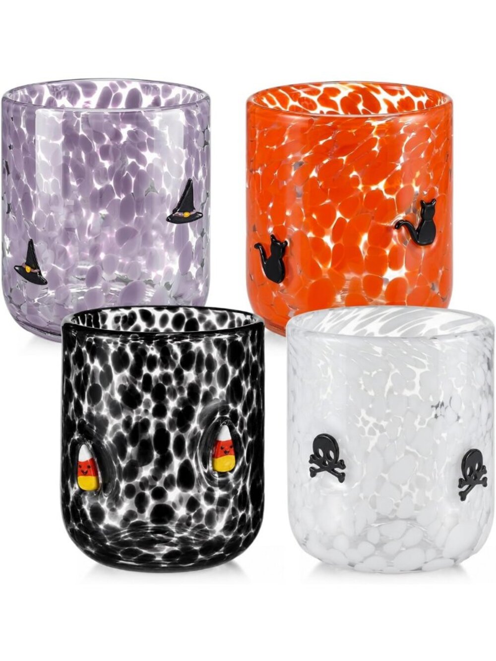 Halloween Icon Glass Cups Set - 4 Pcs Cat Skeleton & Witch Hat - 16oz Drinkware